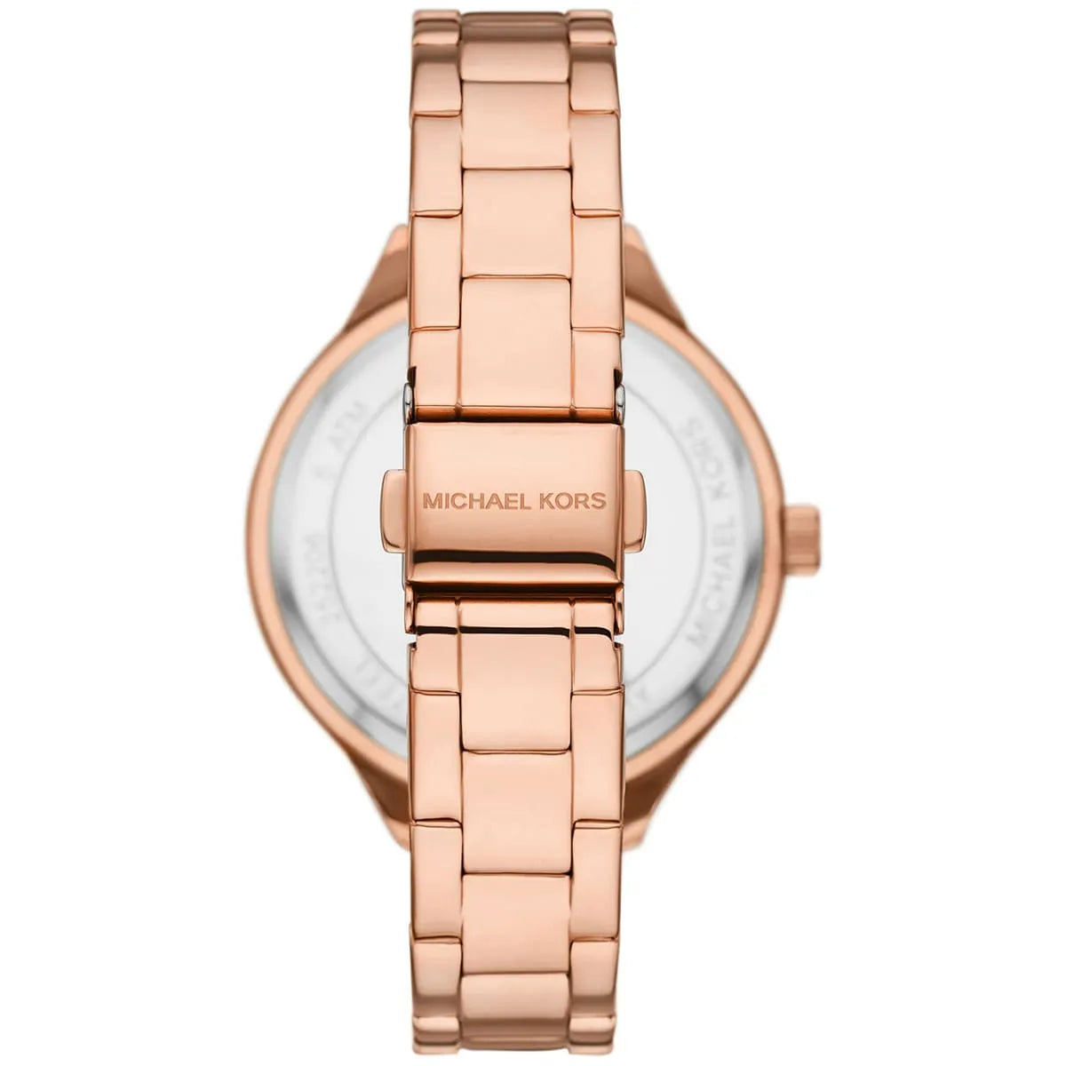 Michael Kors Slim Runway caseback with rose gold tone and branded text on stainless steel