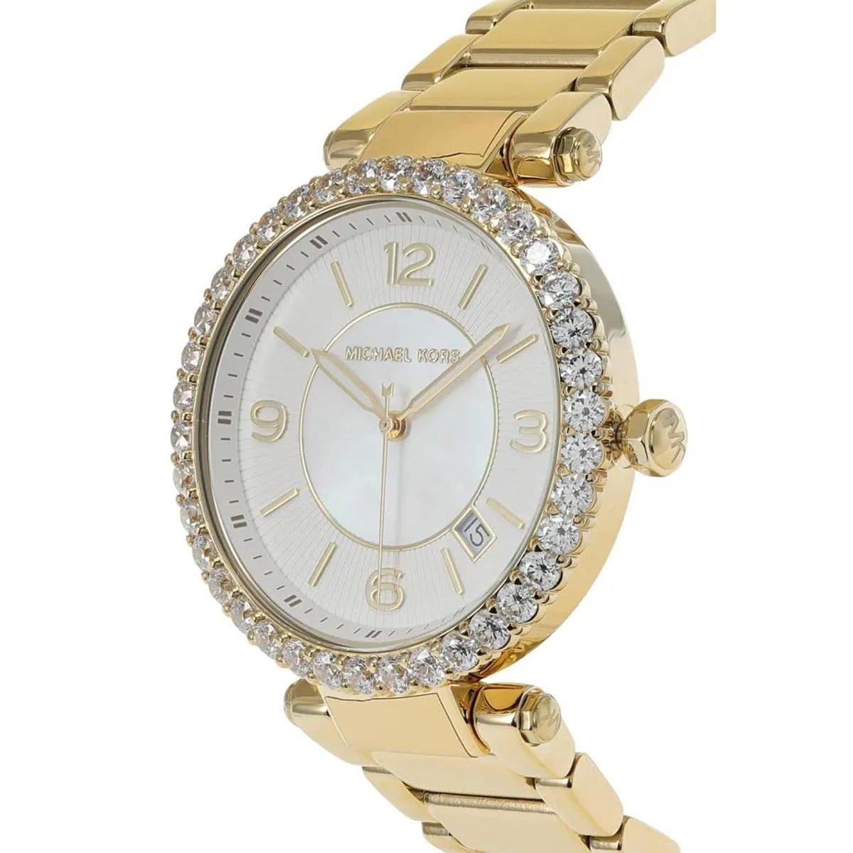 Michael Kors Parker Lux rose gold watch angled view showing white dial and crystal bezel detail