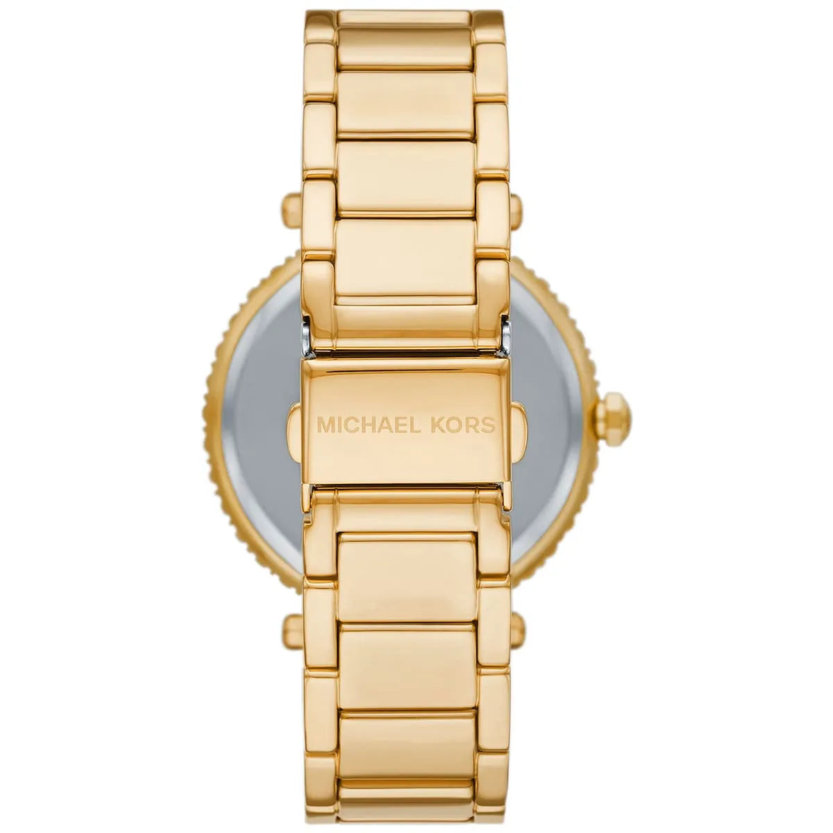 Michael Kors Parker Lux watch caseback showing rose gold-tone stainless steel and bracelet strap
