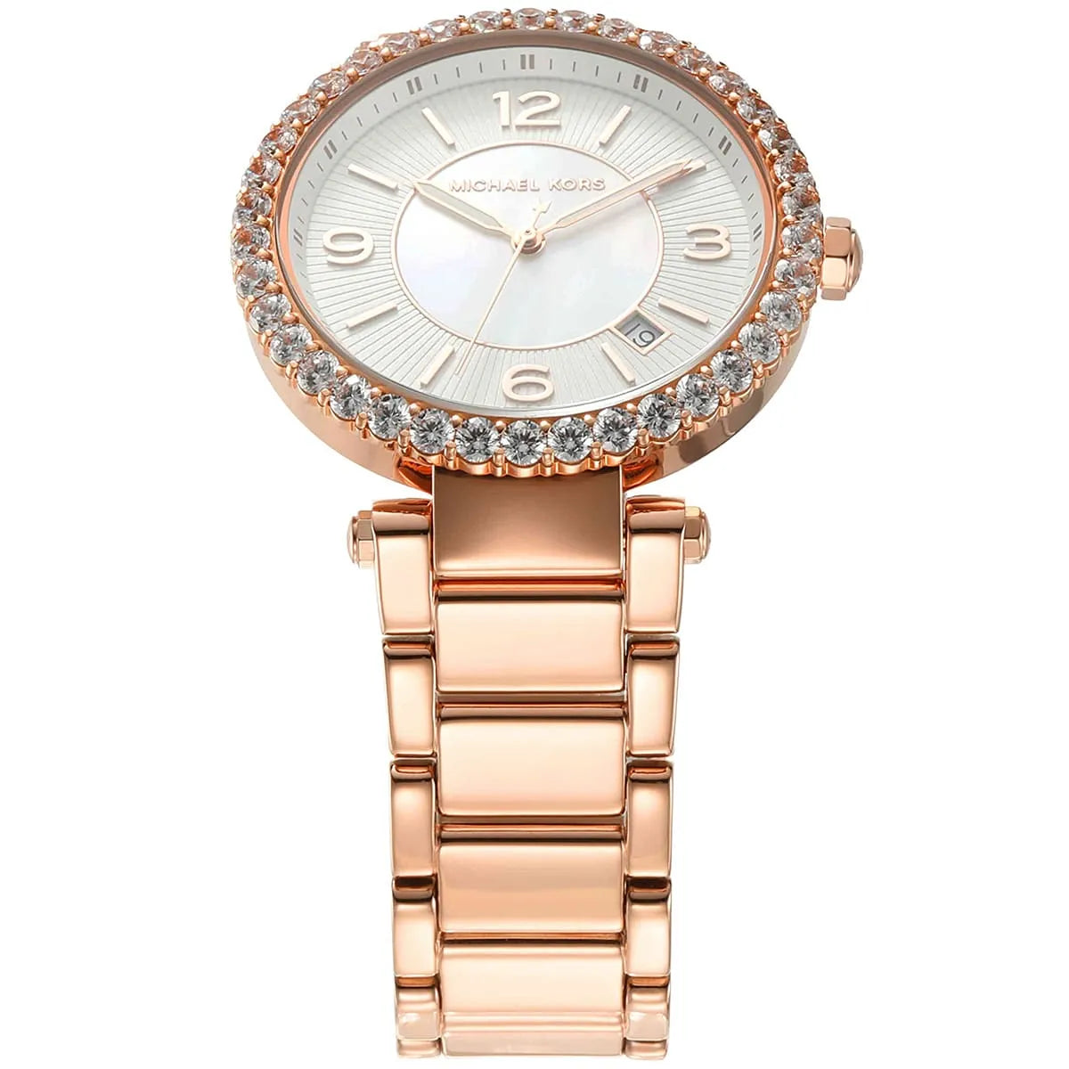 Michael Kors Parker white MOP dial with rose gold hands, numerals, and crystal bezel close-up
