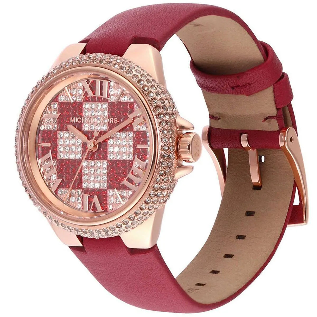 Michael Kors Camille watch shown at angle with red leather strap and rose gold case