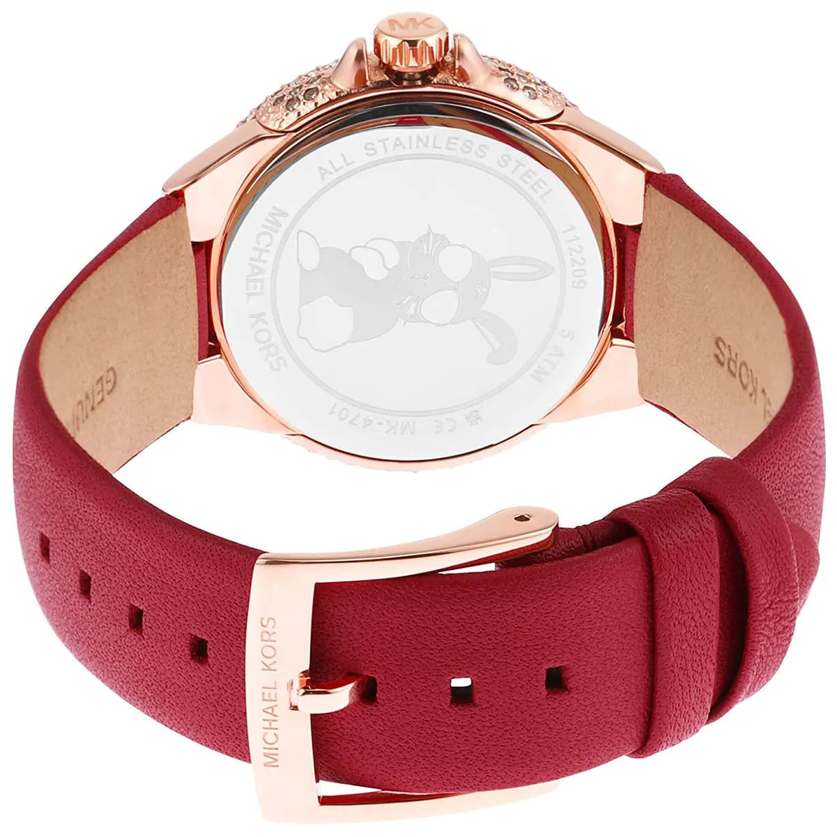 Michael Kors Camille watch caseback showing stainless steel with engraved branding