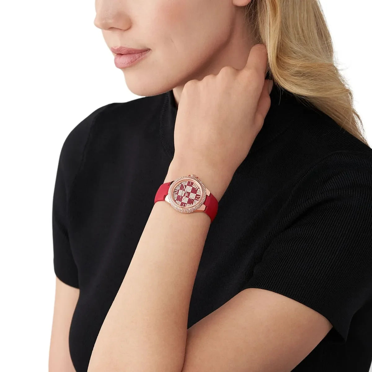 Michael Kors Camille women's watch worn on wrist with red leather strap