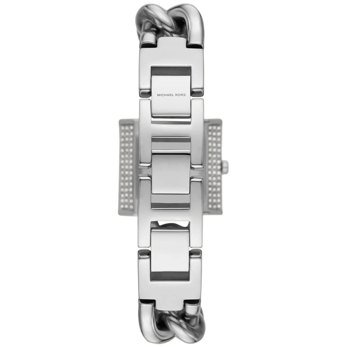 Michael Kors Mini Lock watch back view displaying stainless steel case back and chain links