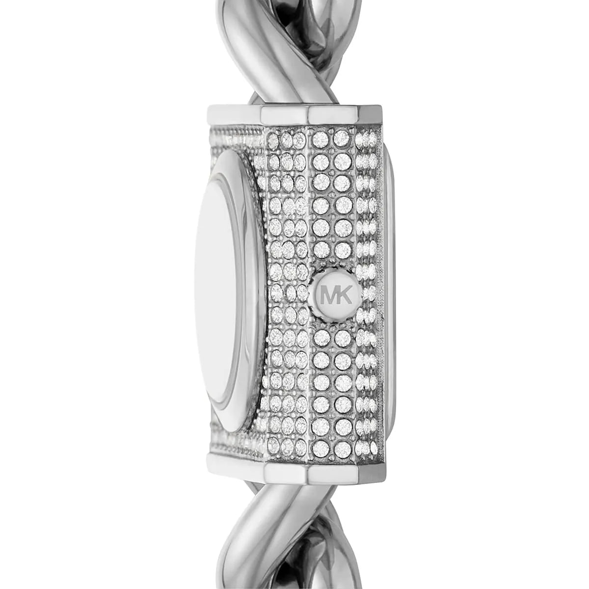 Michael Kors Mini Lock watch side view showing crystal-set case edges and chain strap detail