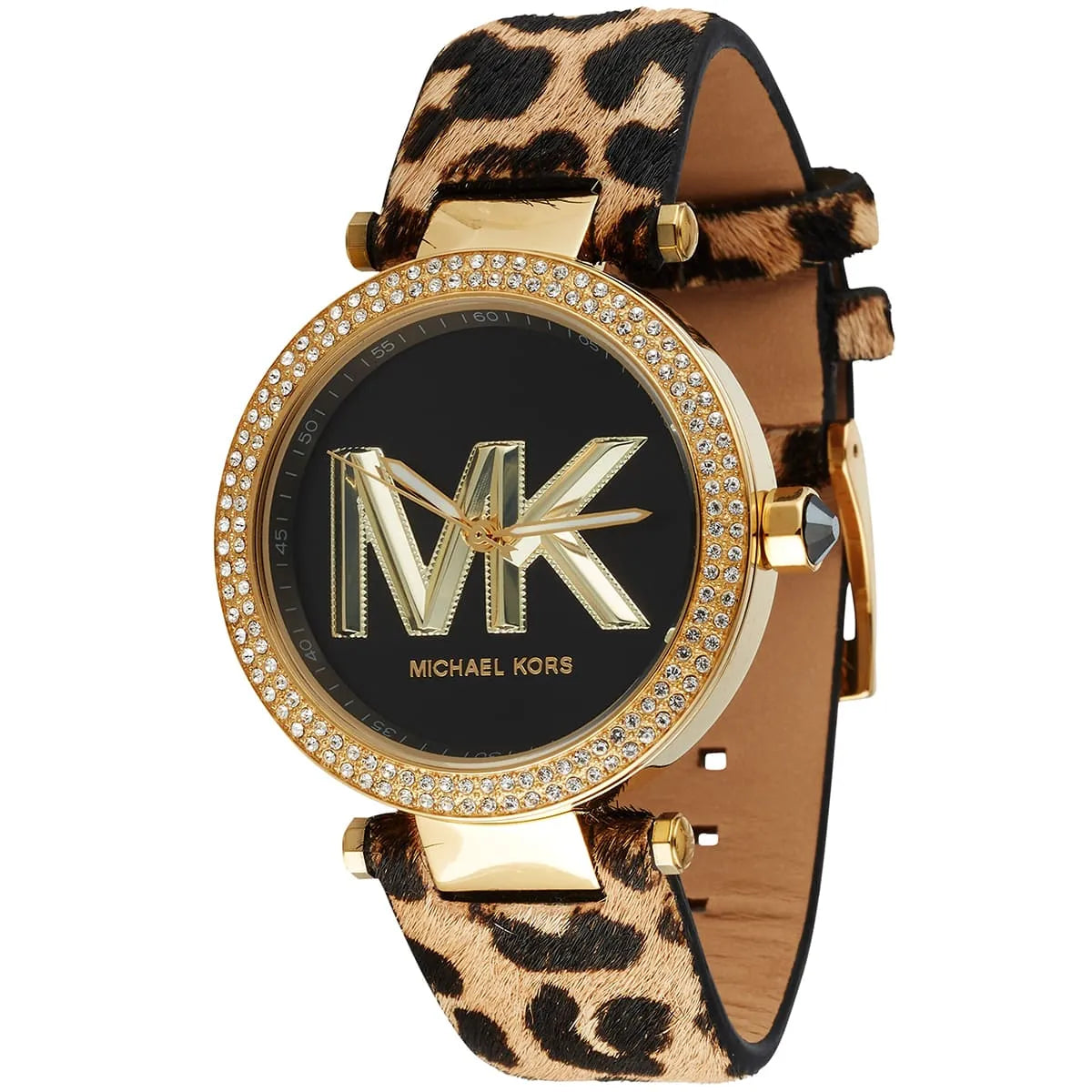 Michael Kors Parker watch angle view showing gold case and leopard print leather strap detail