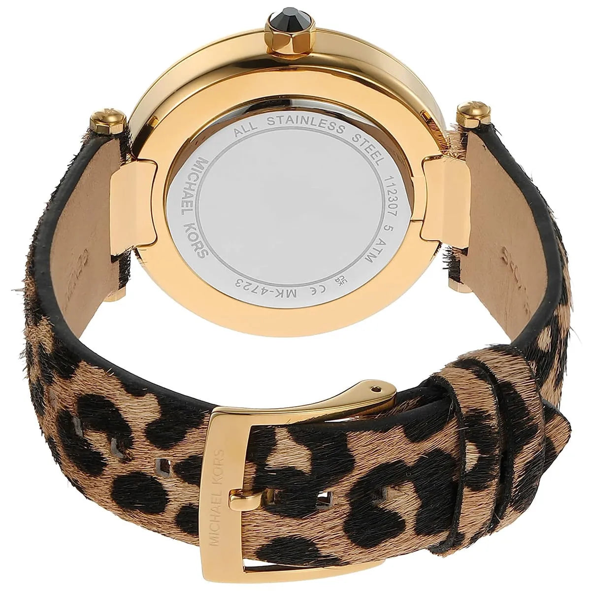 Michael Kors Parker watch top view showing round black dial and gold case with pavé crystals
