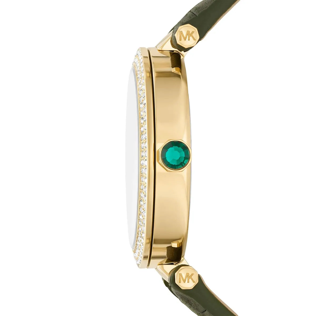Side view of Michael Kors Parker watch showing gold case profile and green leather strap