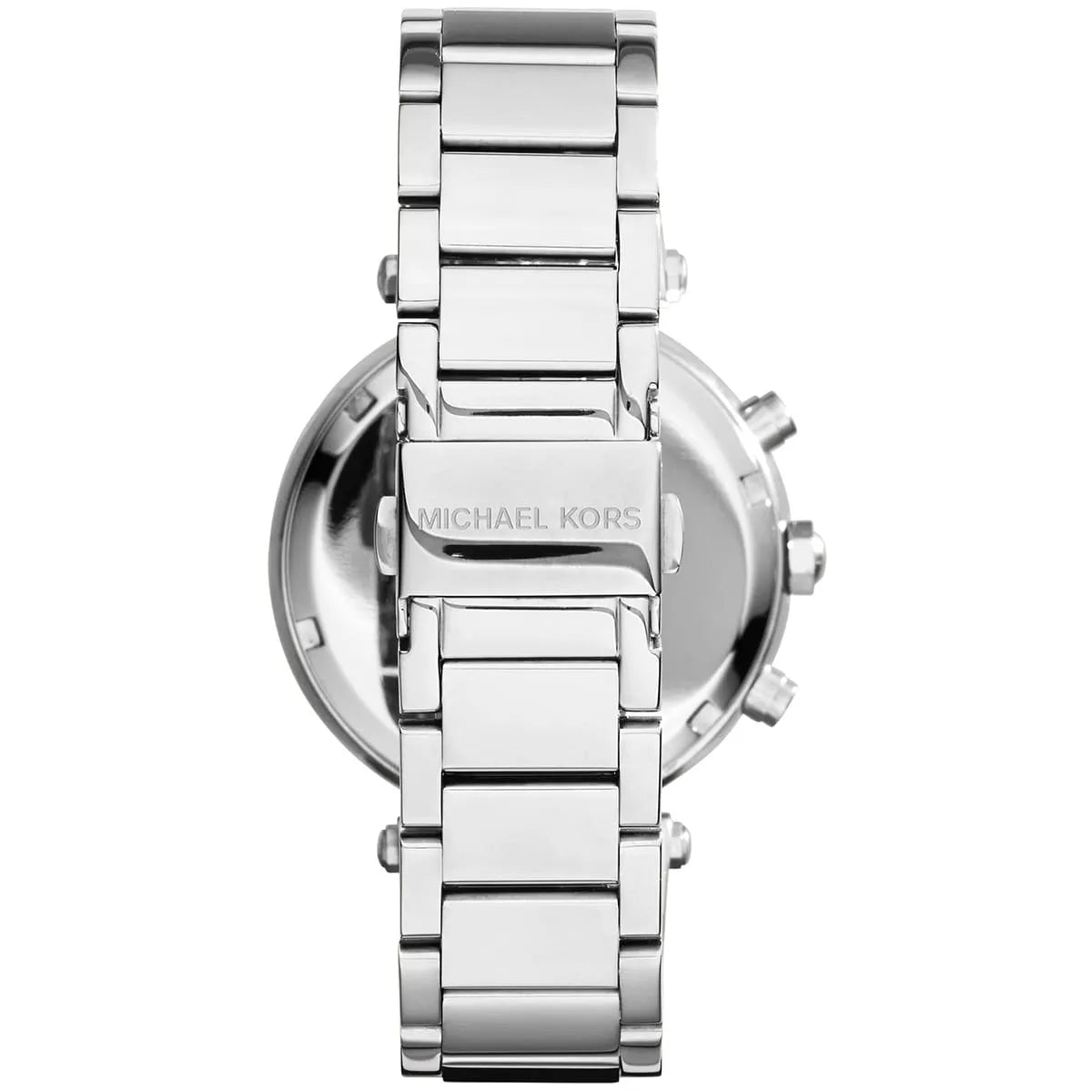 Michael Kors Parker watch caseback view with stainless steel bracelet