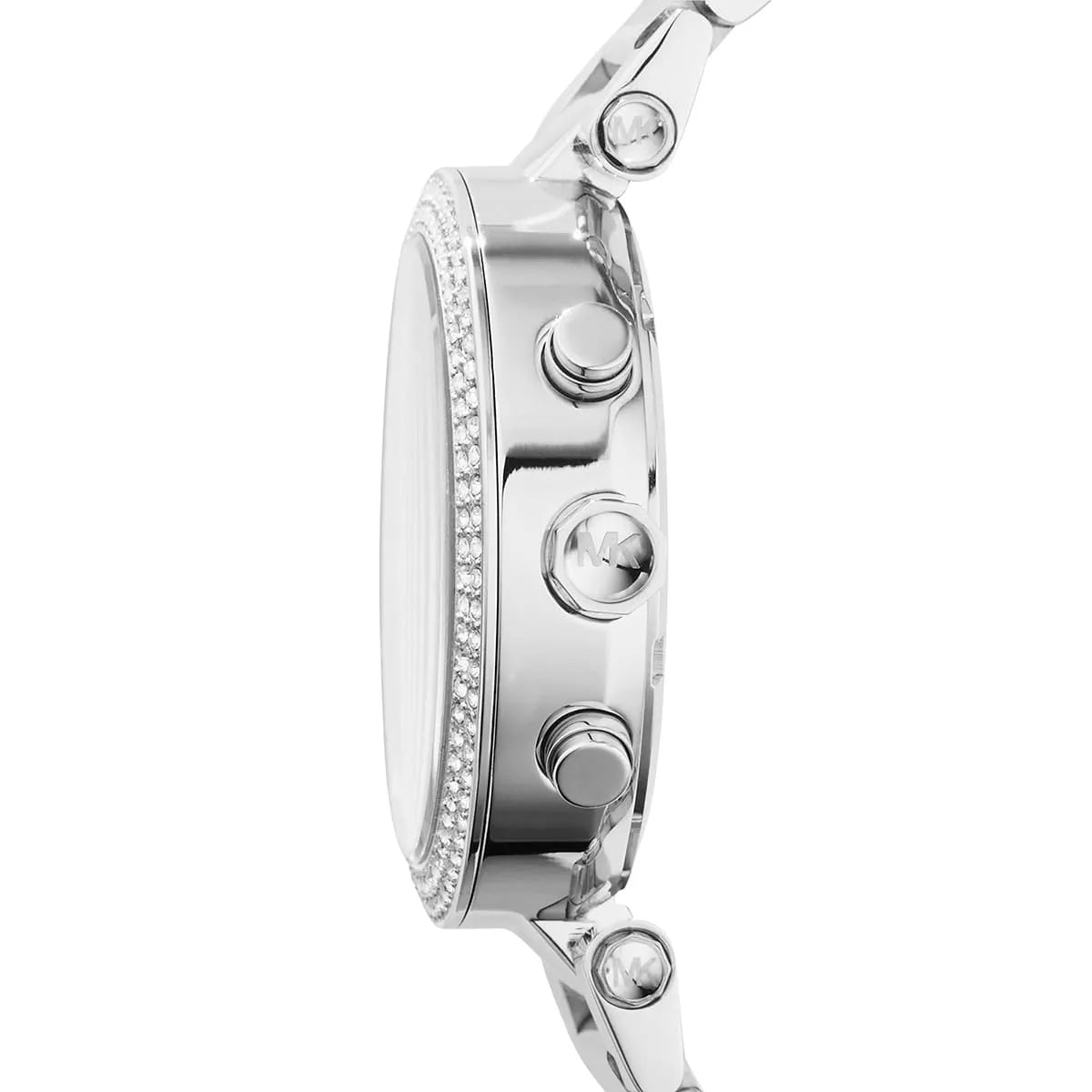 Michael Kors Parker watch side profile with crystal-set bezel and chronograph pushers