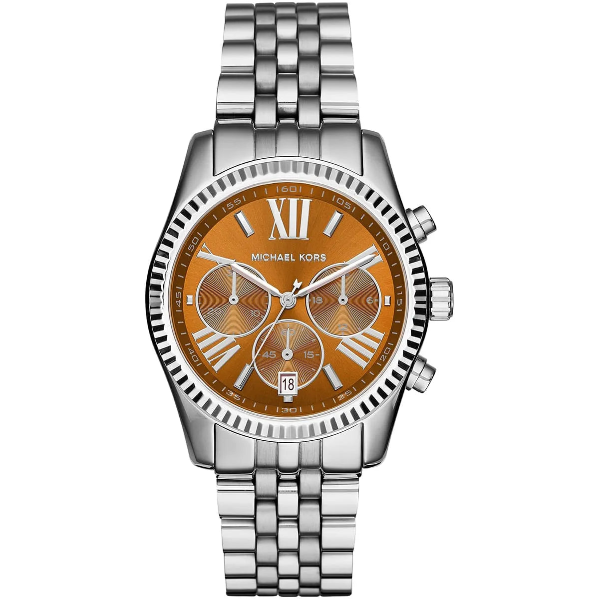 Michael Kors Lexington MK6221 chronograph watch with orange dial and stainless steel bracelet