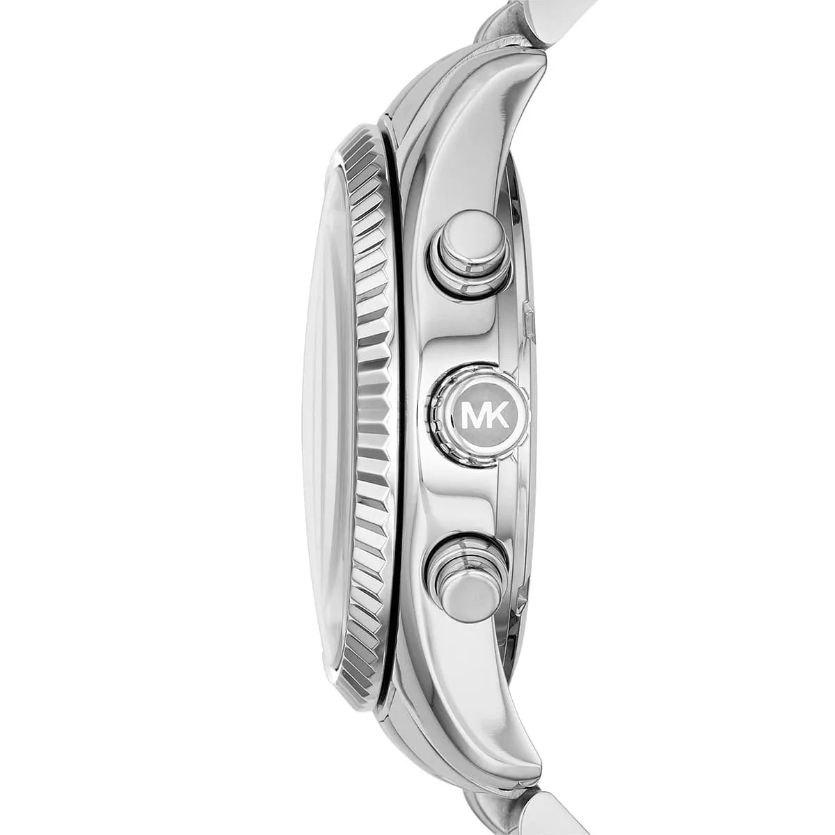 MK6221 watch side view displaying silver case with chronograph pushers and MK logo