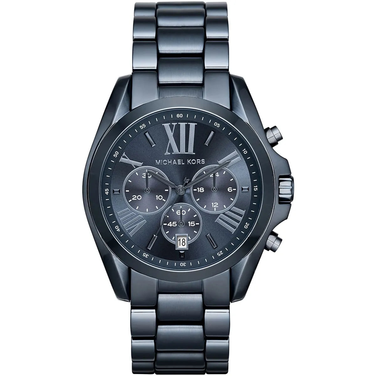 Michael Kors Bradshaw chronograph watch with navy blue dial and stainless steel bracelet