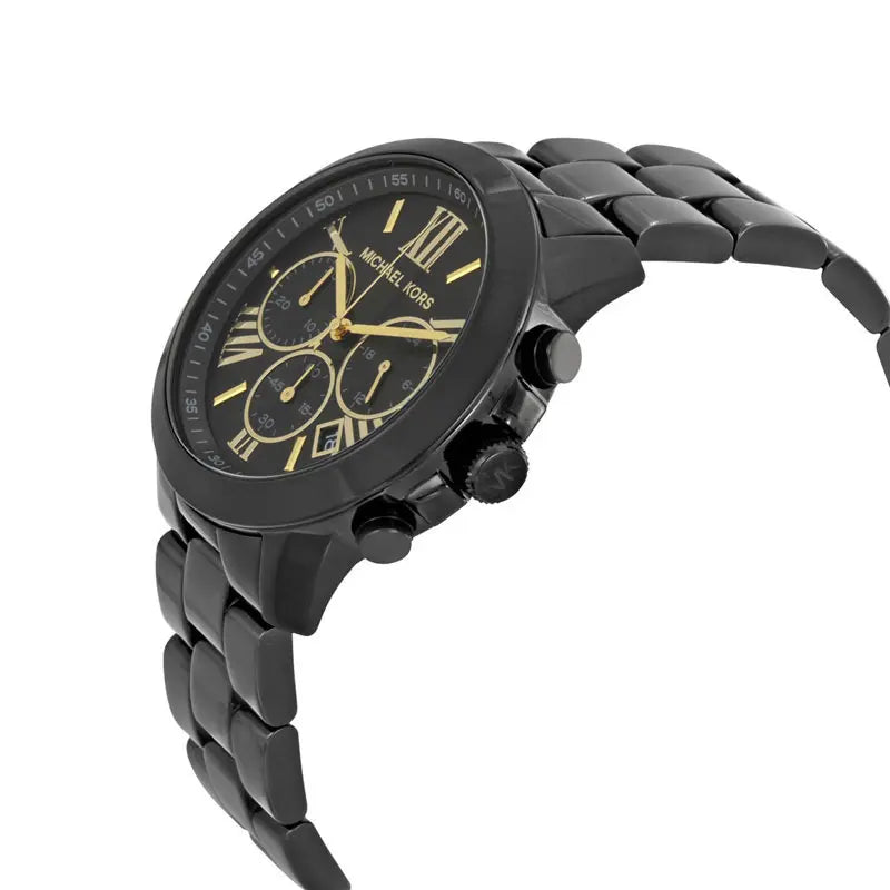 Michael Kors Brecken chronograph watch shown from side angle with black bracelet and case