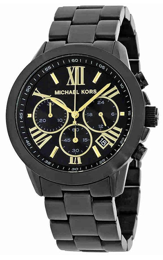 Michael Kors Brecken black stainless steel chronograph watch with gold Roman numerals and three subdials