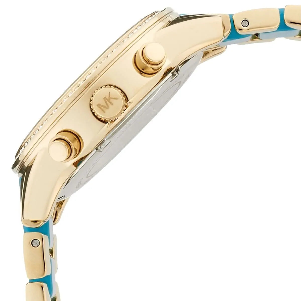 Michael Kors Ritz watch case detail showing chronograph pushers and MK logo