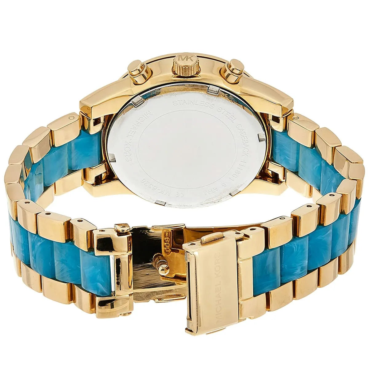 Michael Kors Ritz watch caseback showing strap links and deployant clasp