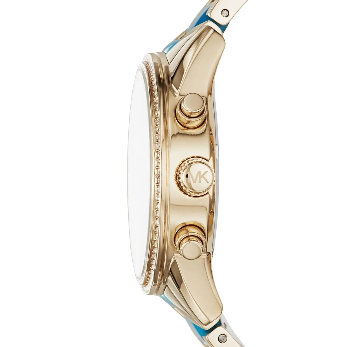 Michael Kors Ritz watch profile showing crystal-set bezel and case thickness