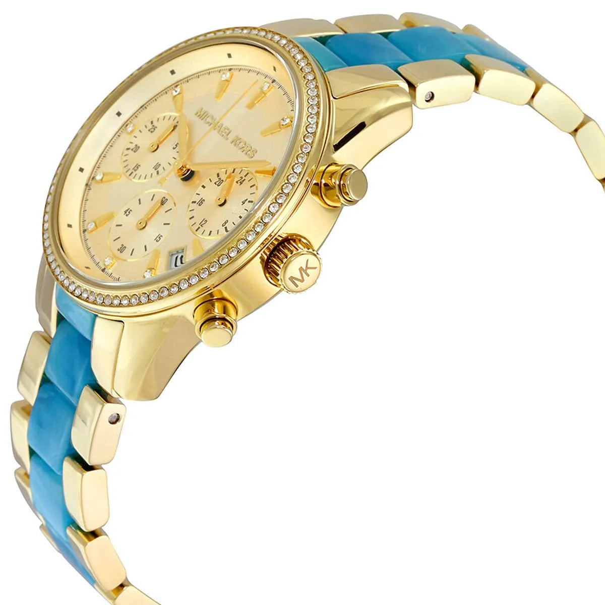Michael Kors Ritz watch side profile with chronograph pushers visible
