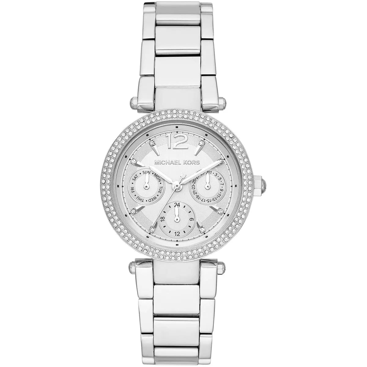 Michael Kors Parker Mini multifunction watch with white dial and crystal-set bezel