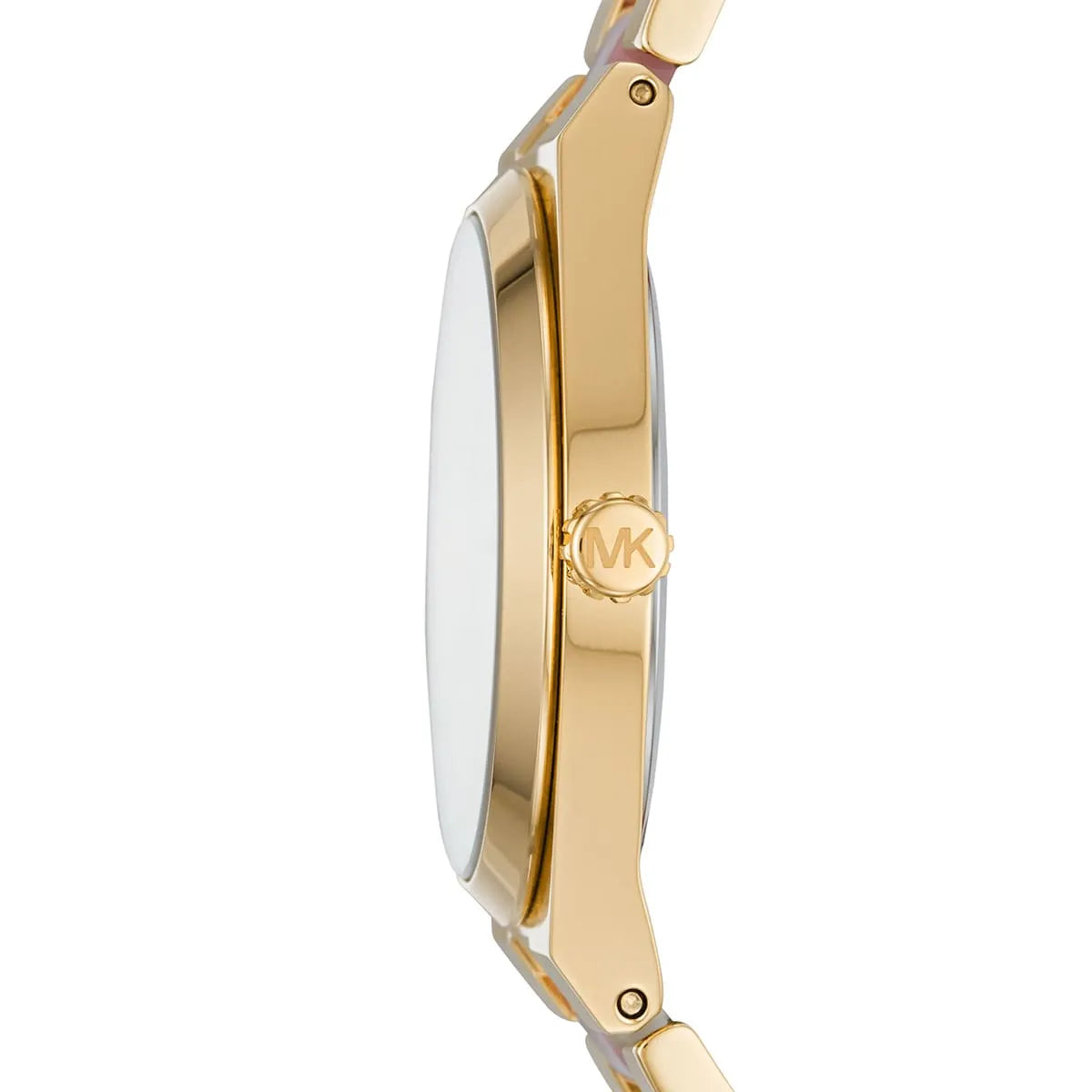 Michael Kors Ritz MK6650 watch side profile showing gold-tone case and tortoise acetate strap