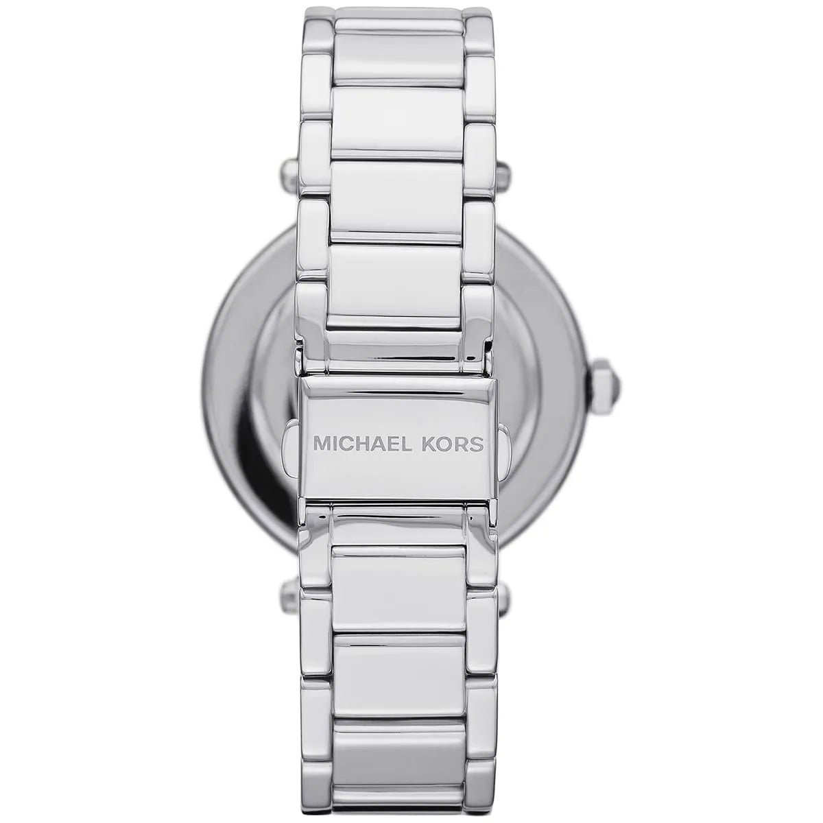 Caseback view of Michael Kors Parker watch with brand name engraved on silver-tone case