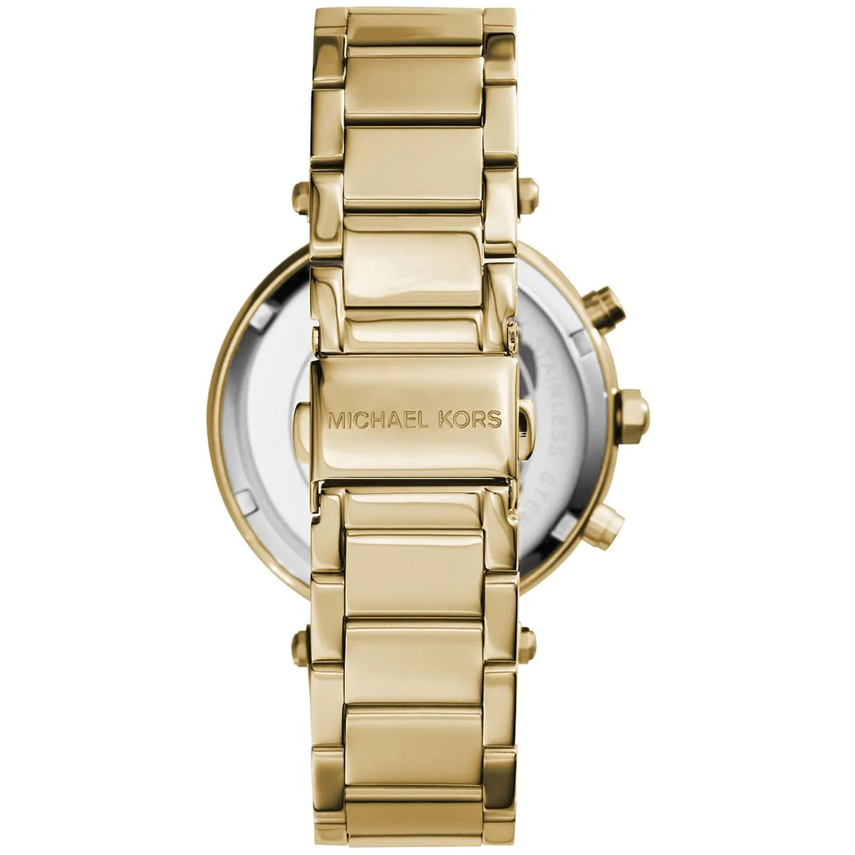 Back view of Michael Kors Parker watch showing caseback, engraved Michael Kors branding, and bracelet
