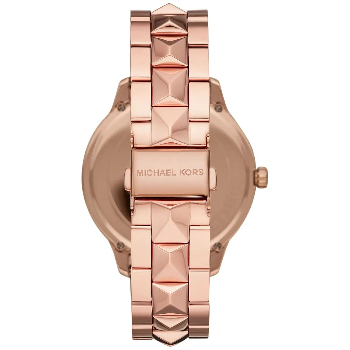 Back of MK6736 Runway Mercer watch with Michael Kors engraving and chevron strap
