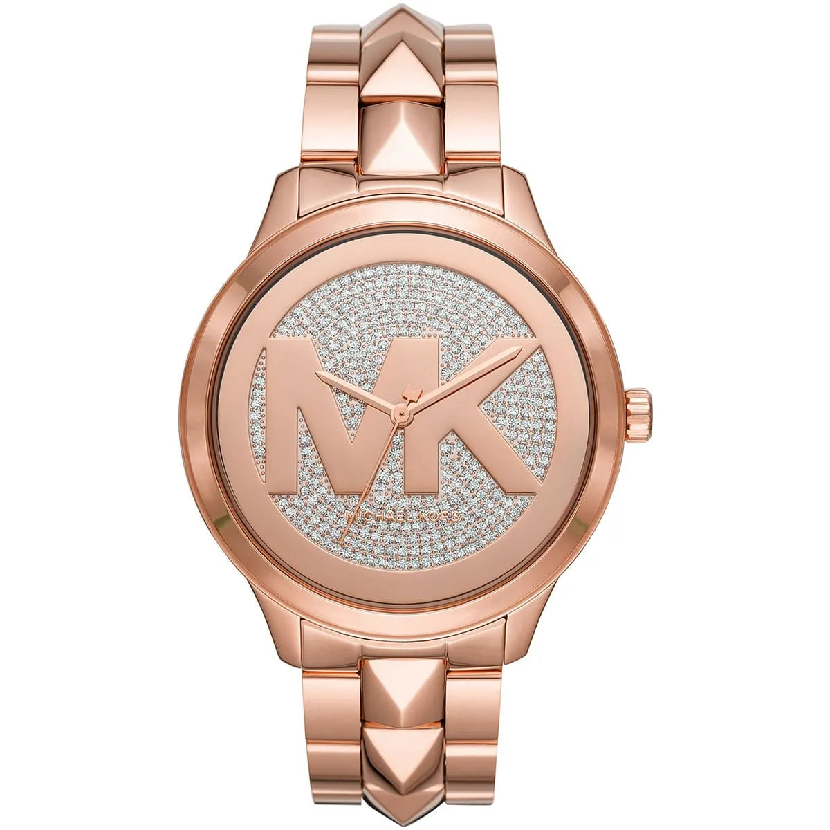 Michael Kors Runway Mercer rose gold watch with MK logo and crystal-paved dial