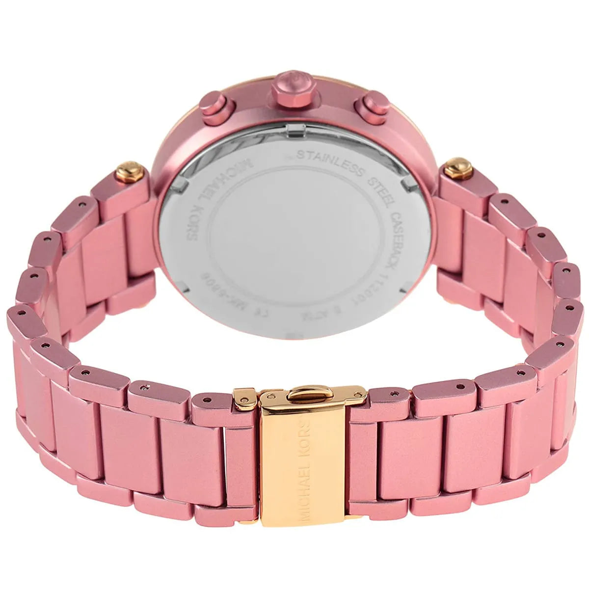 Michael Kors Parker watch transparent caseback displaying chronograph mechanism and band