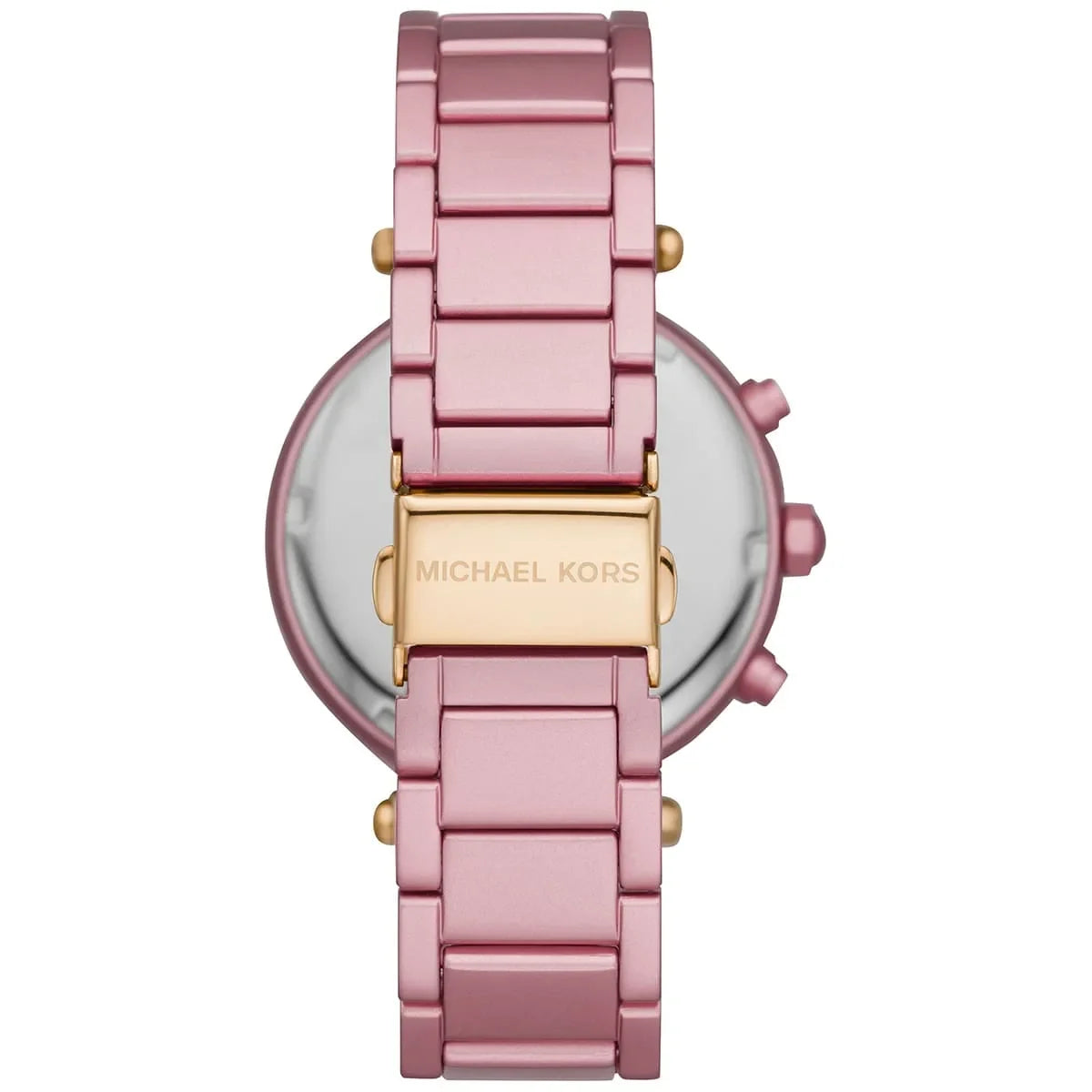 Michael Kors Parker watch caseback view showing pink metal band and gold-tone clasp