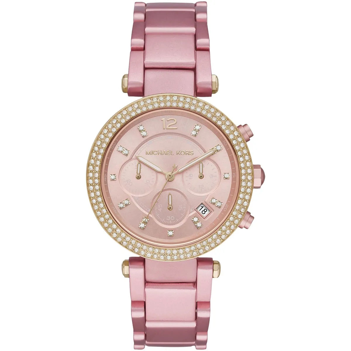 Michael Kors Parker pink chronograph watch with crystal-studded dial and pink metal band