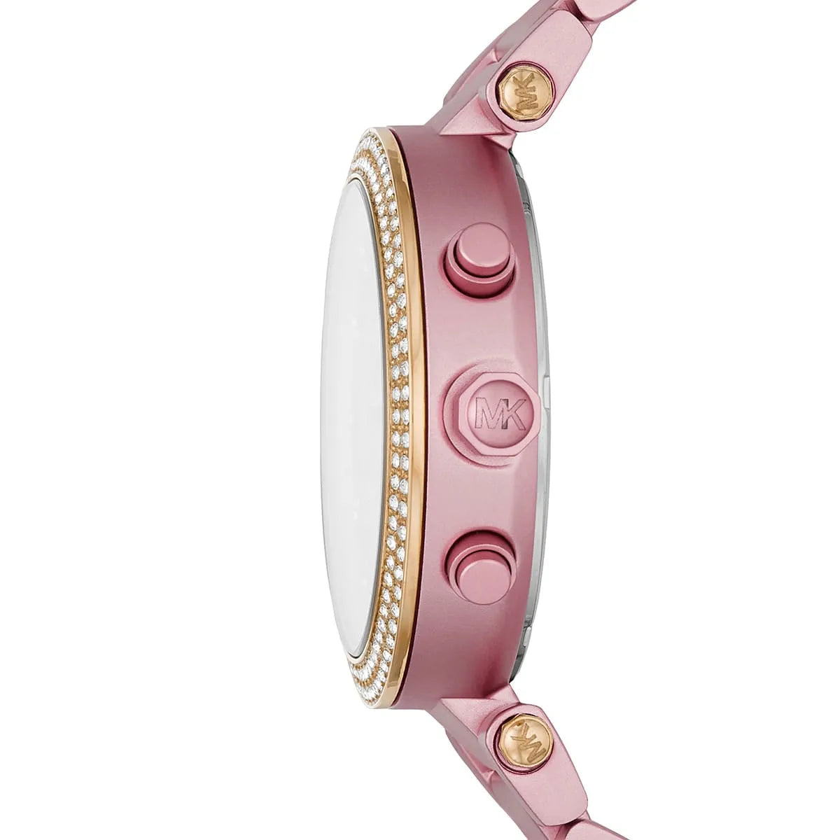 Michael Kors Parker watch side view showing crystal bezel and chronograph pushers
