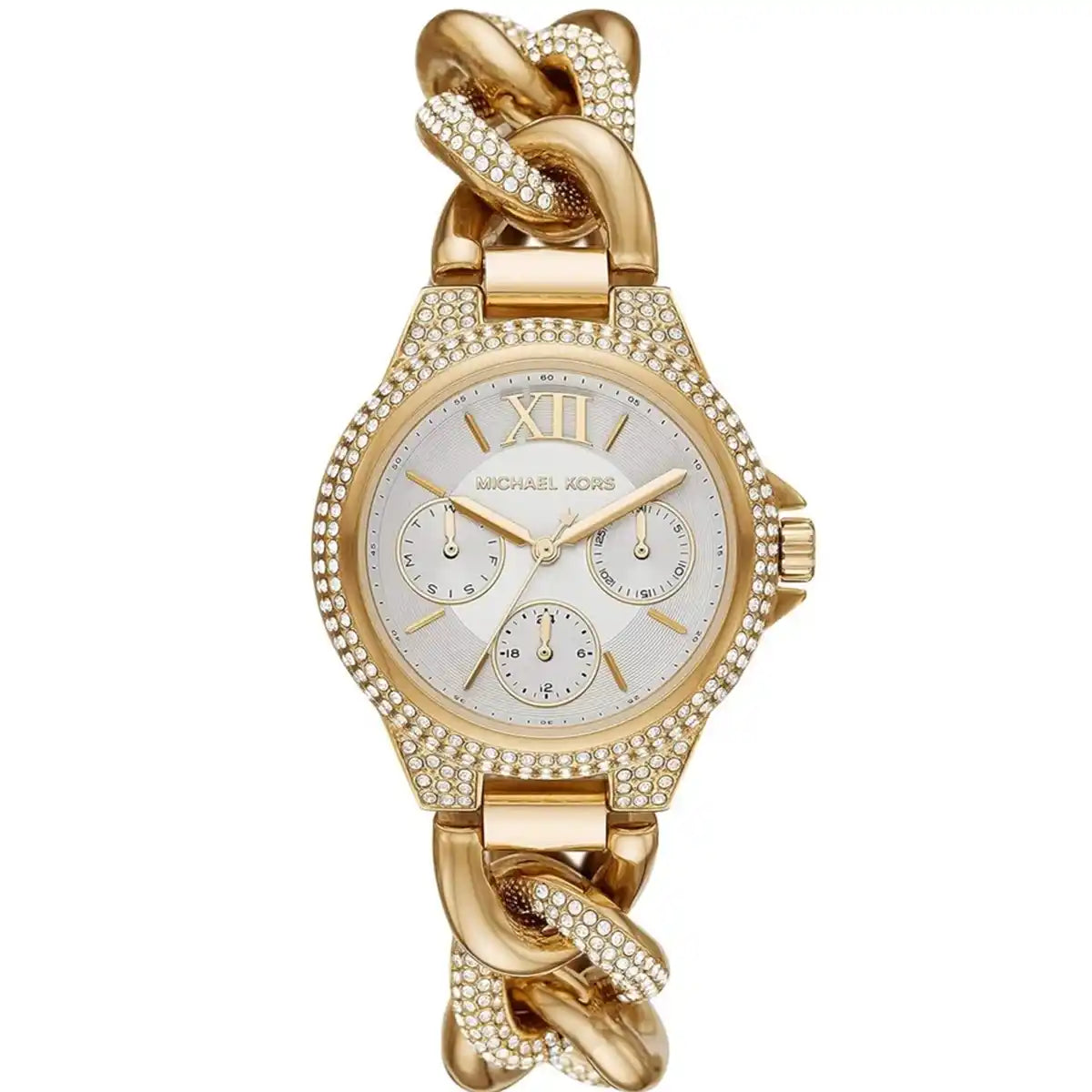 Michael Kors Mini Camille gold watch with silver dial, crystal pavé bezel, and gold curb-link strap