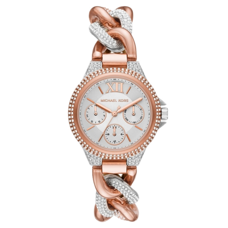 Michael Kors Camille ladies watch with silver dial, rose gold case, crystal-set bezel and matching curb link strap