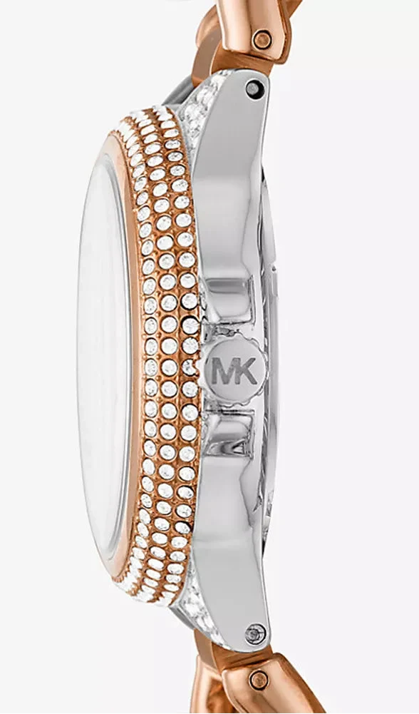 Side view of Michael Kors Camille watch displaying crystal-set bezel and mixed metal curb link bracelet design