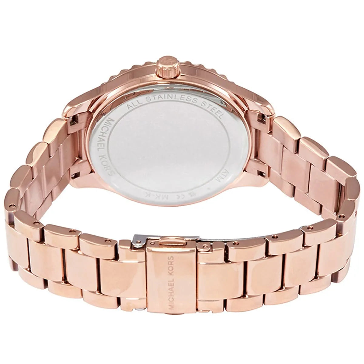 Michael Kors Layton watch caseback showing stainless steel and engraved text