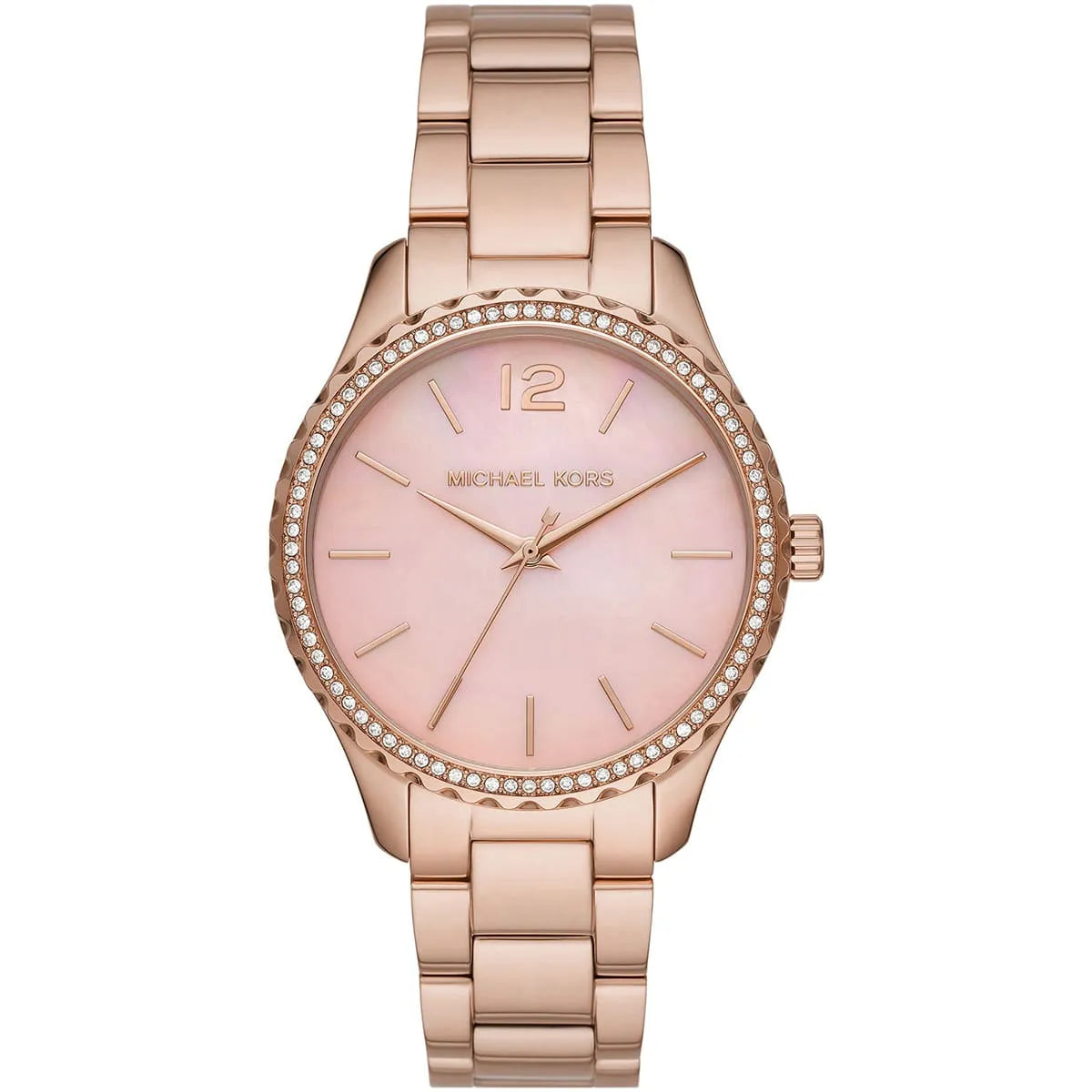 Michael Kors Layton women's watch with pink MOP dial, rose gold case and bracelet with crystal-set bezel