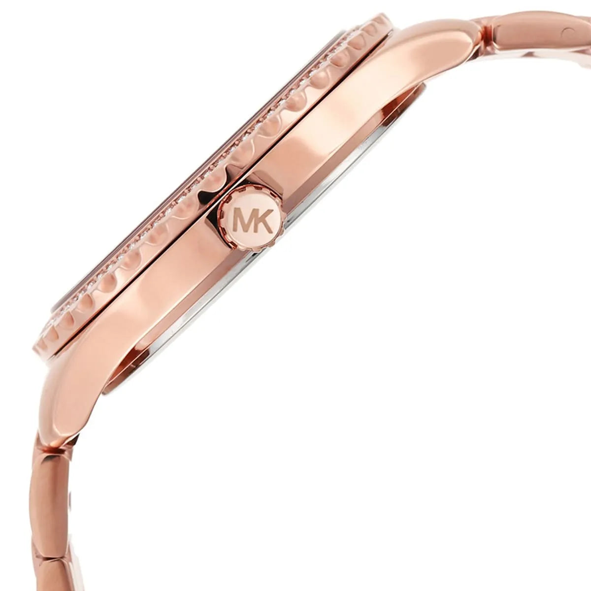 Michael Kors Layton watch side view showing crown and rose gold case profile
