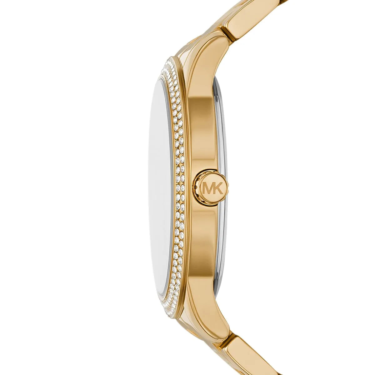 Michael Kors Tibby MK6879 profile view showing case thickness and crystal-studded bezel
