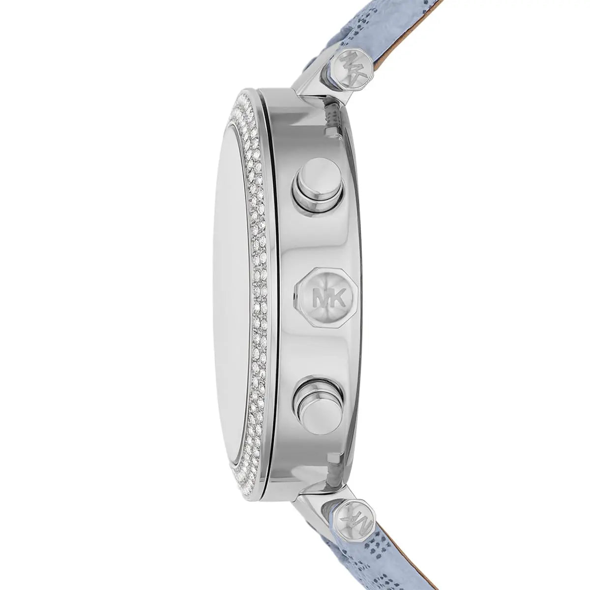 Michael Kors Parker chronograph watch at angle showing crystal-set bezel and strap