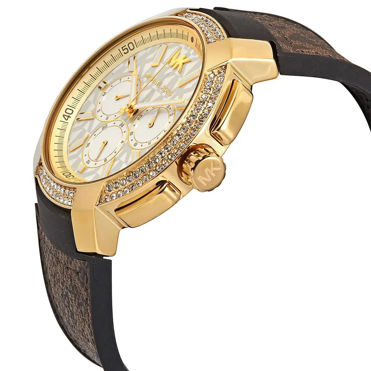 Michael Kors Sidney Logo Pattern Dial Brown Genuine Leather Women's Watch- MK6948