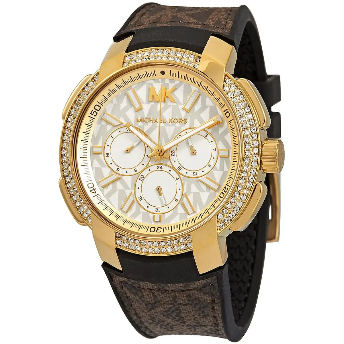 Michael Kors Sidney MK6948 women's watch displayed at angle showing chronograph subdials and leather strap detail
