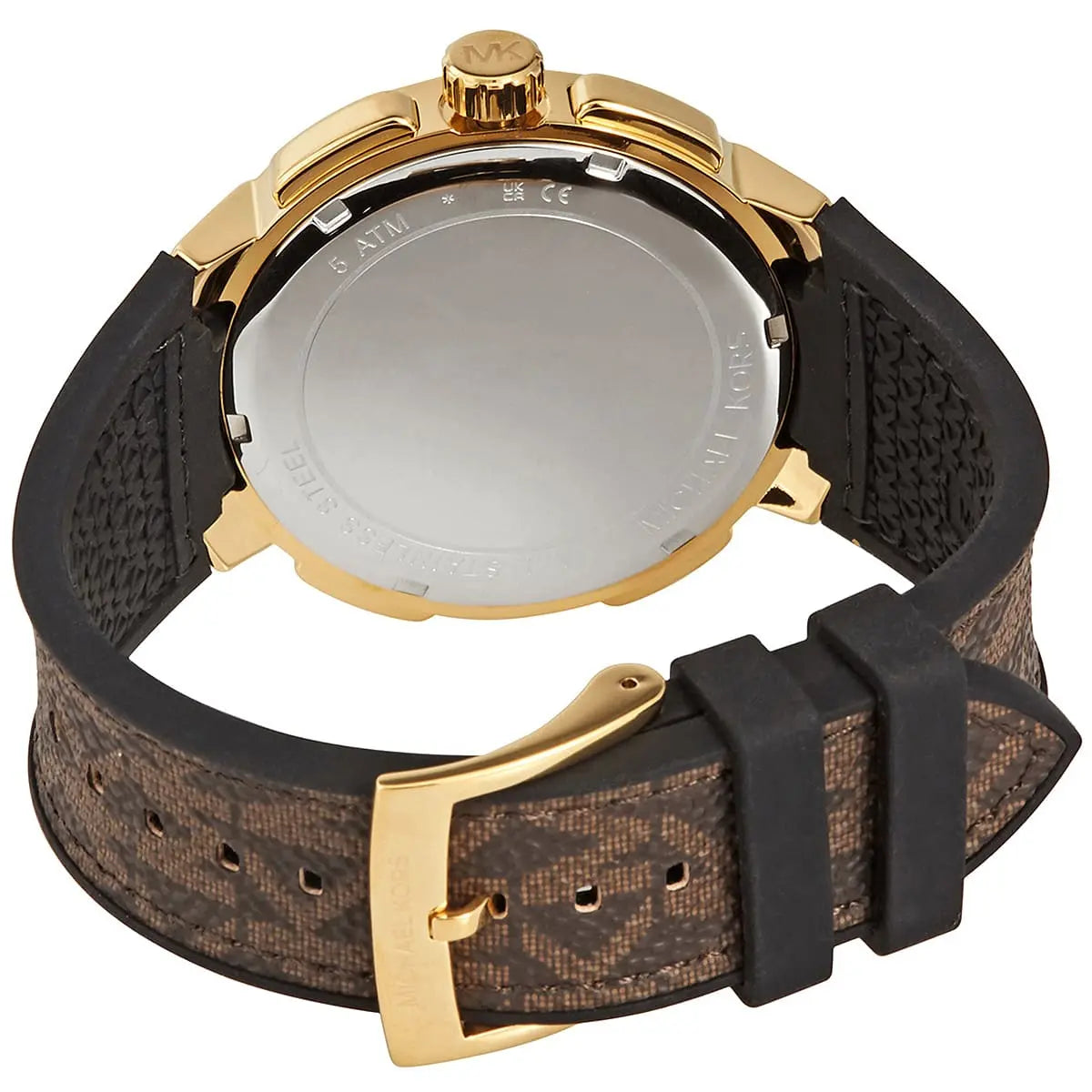 Michael Kors Sidney MK6948 women's watch caseback showing gold-tone case back and brown leather strap