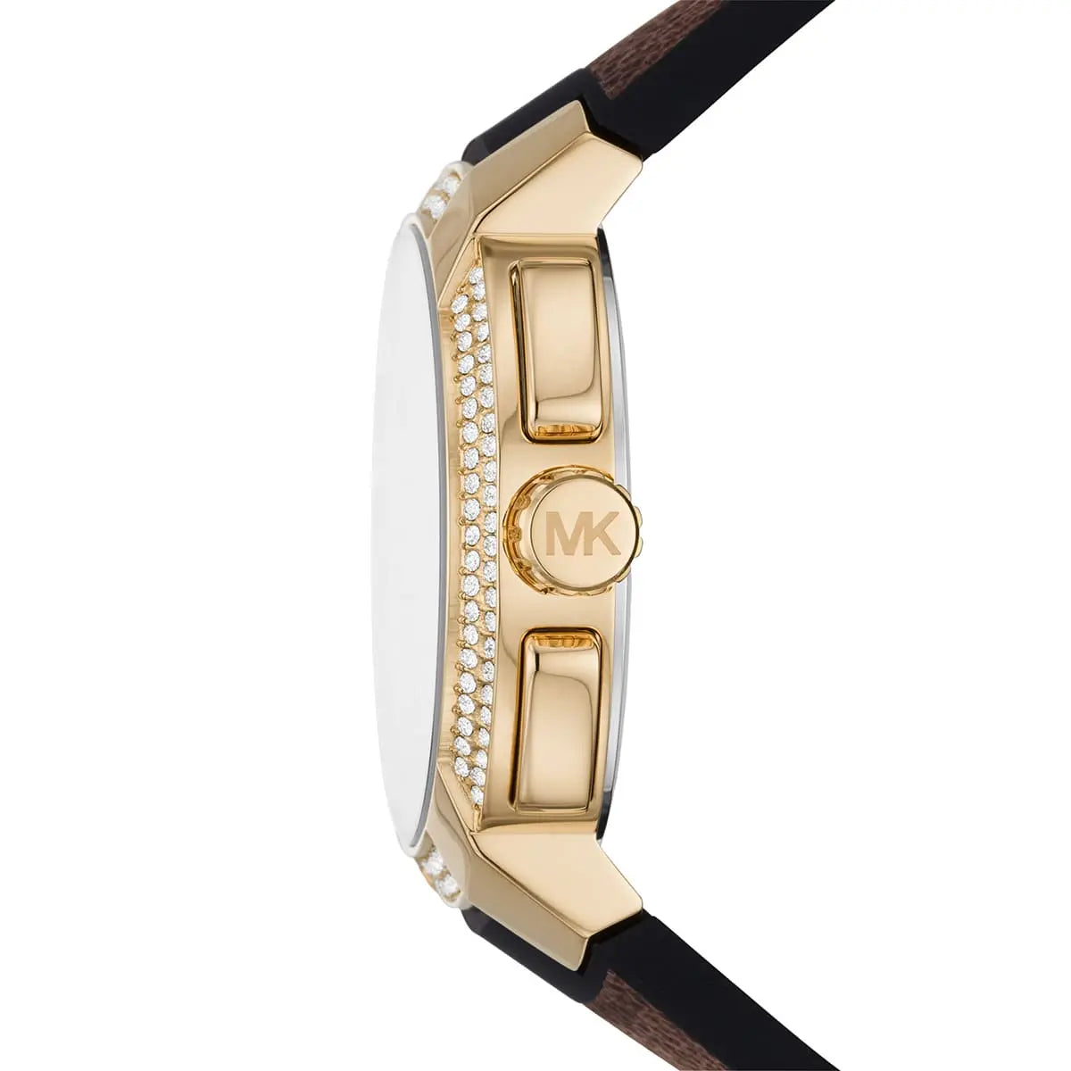 Michael Kors Sidney MK6948 women's watch flat lay showing full watch and MK logo strap detail