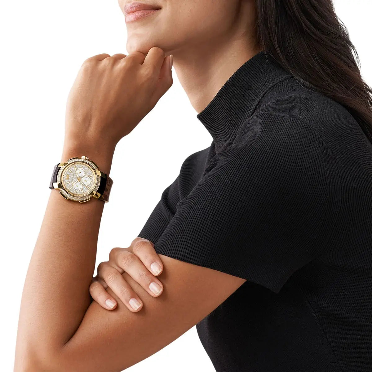 Michael Kors Sidney MK6948 women's watch side profile with diamond-set bezel and brown leather strap