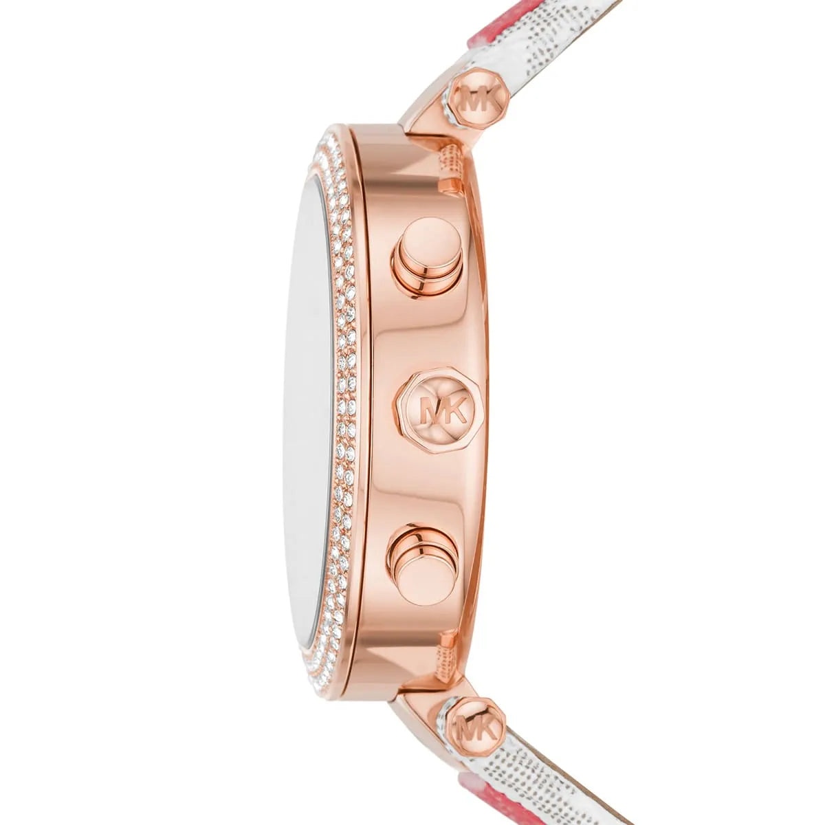 Side view of Michael Kors Parker watch showing rose gold case profile with crystal bezel and strap