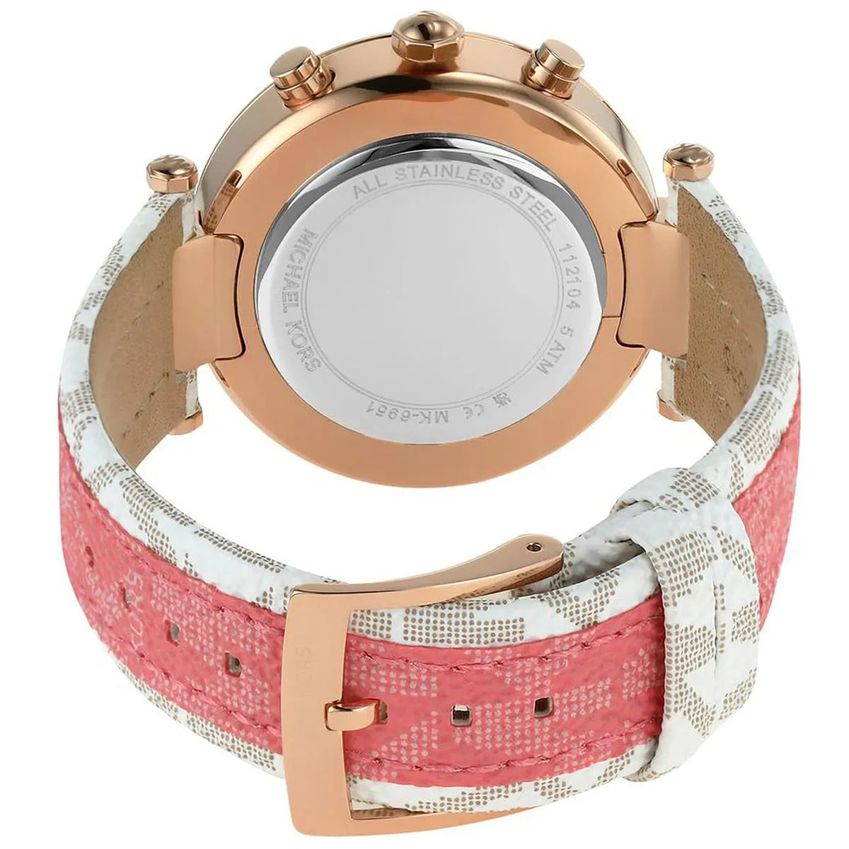 Michael Kors Parker caseback showing stainless steel round case with engraved text