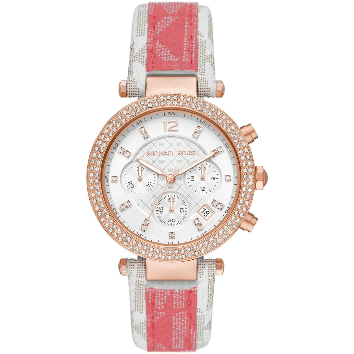 Michael Kors Parker chronograph watch with white dial, rose gold case, and tea rose PVC strap