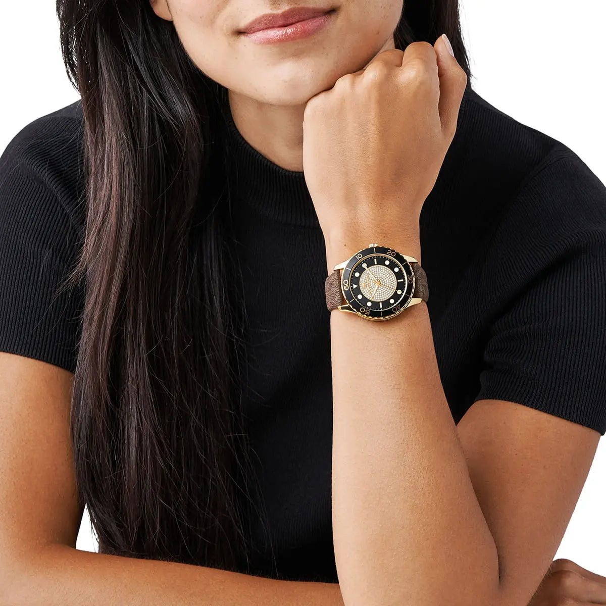 Michael Kors Runway Dive Pavé Dial Brown Coated Canvas Women's Watch - MK6979